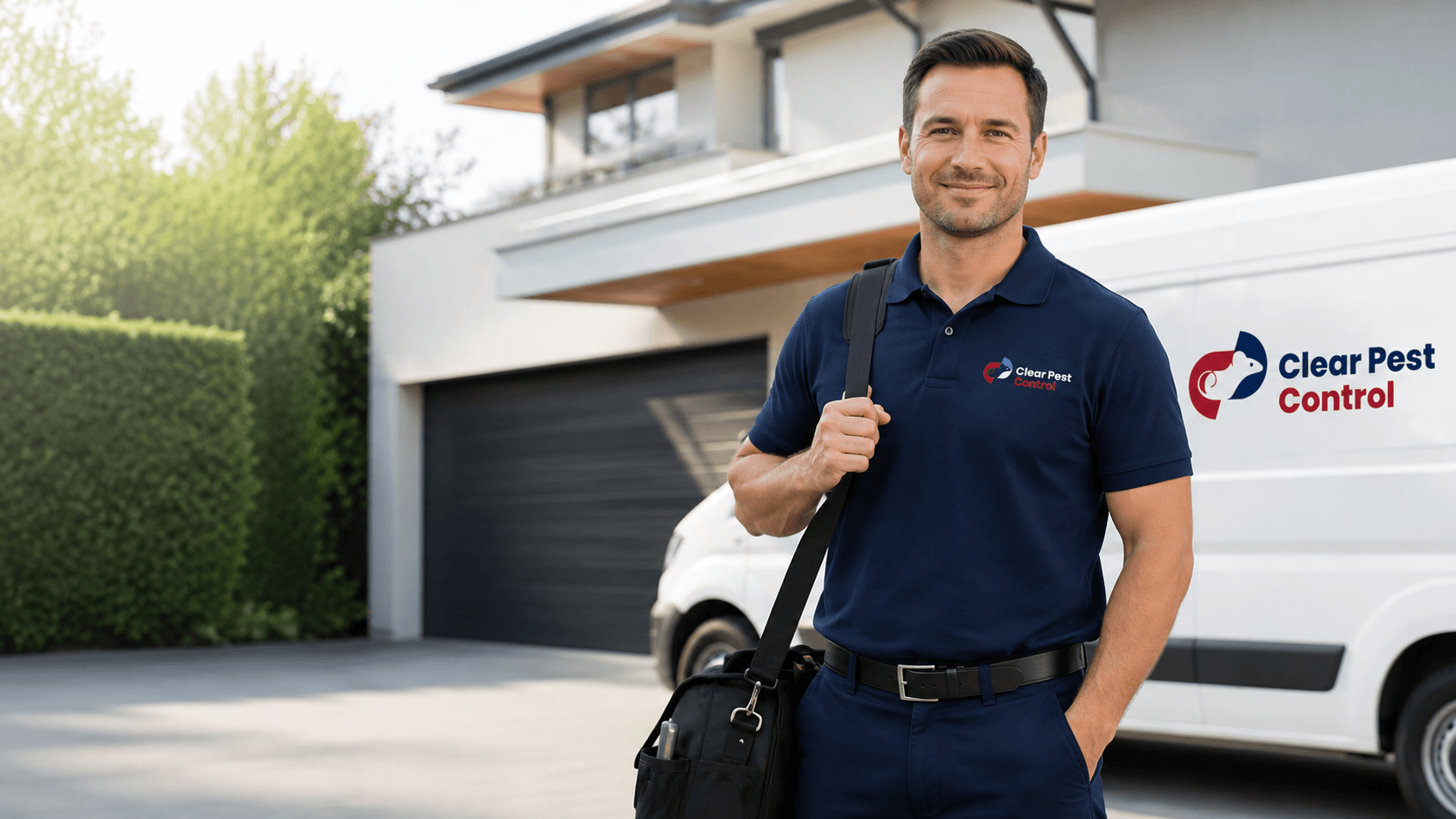Clear Pest Control technician outside a North East home