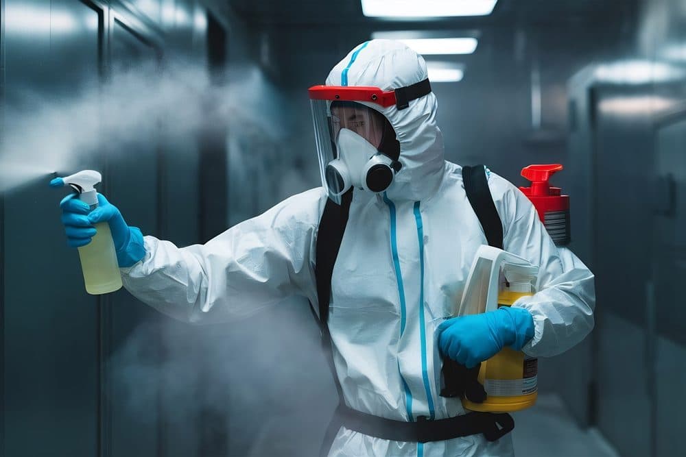 Specialist cleaning operative sanitising a corridor