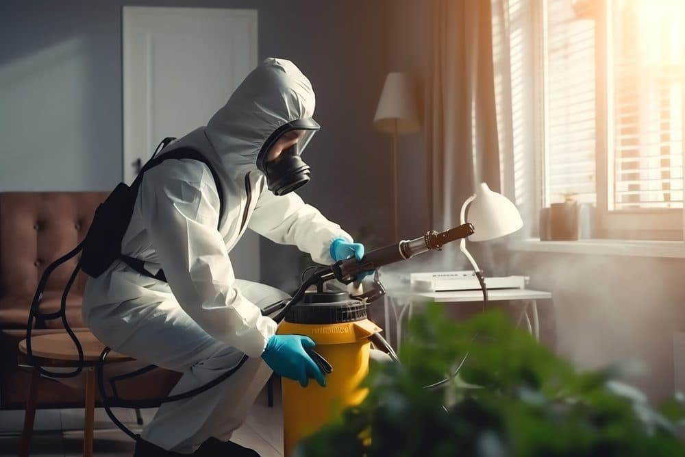 Clear Pest Control technician in full protective equipment treating a living room