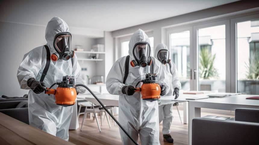 Join the Clear Pest Control Team Three pest control technicians working together during an indoor treatment