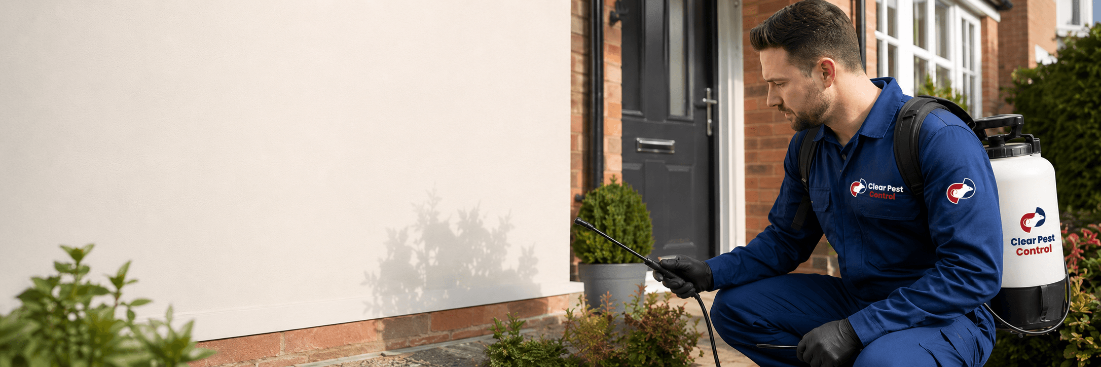 Clear Pest Control technician treating a home exterior in the North of England