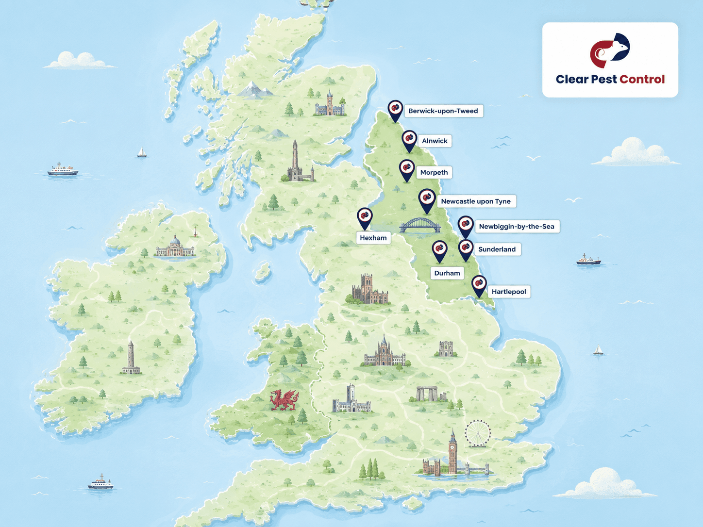 Map of Clear Pest Control coverage across North East England