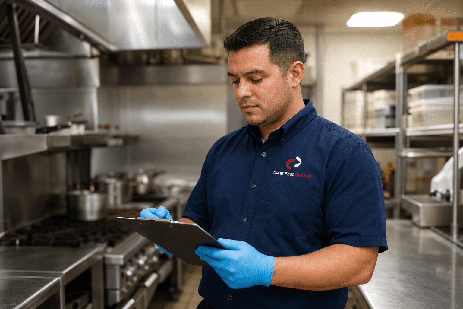 Certified technician inspecting a commercial kitchen for pests