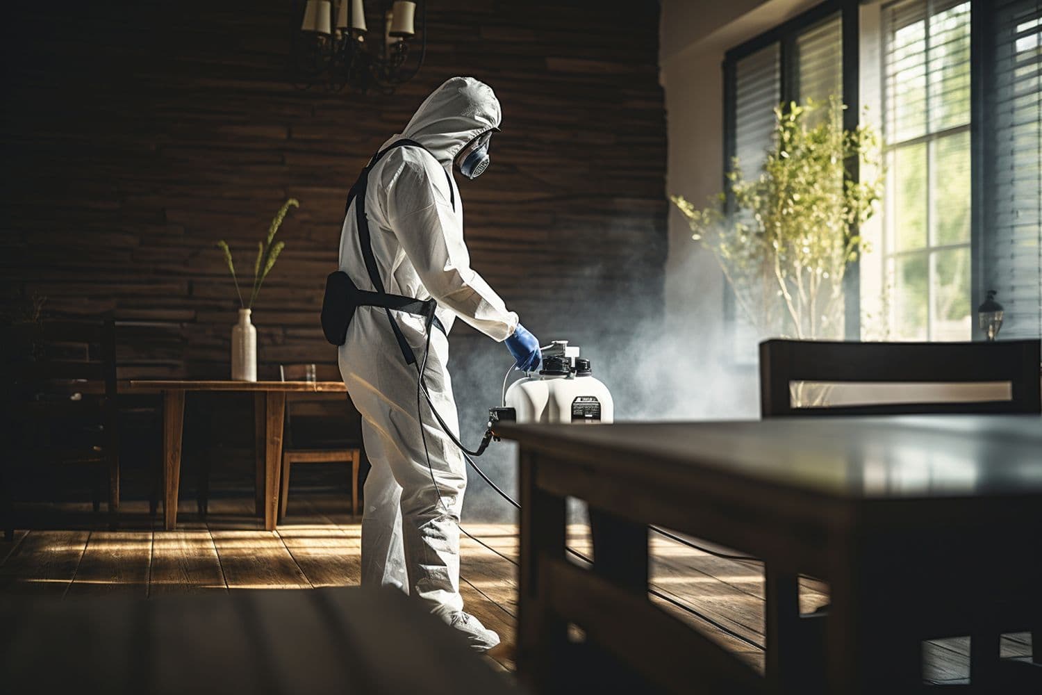 Clear Pest Control Opening Hours and Callouts Clear Pest Control technician using professional treatment equipment during an indoor callout