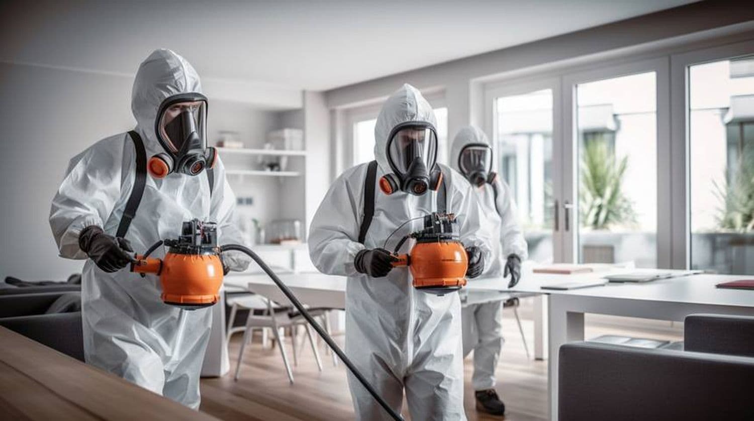 Clear Pest Control Customer Reviews Clear Pest Control operatives wearing protective equipment while treating an indoor property