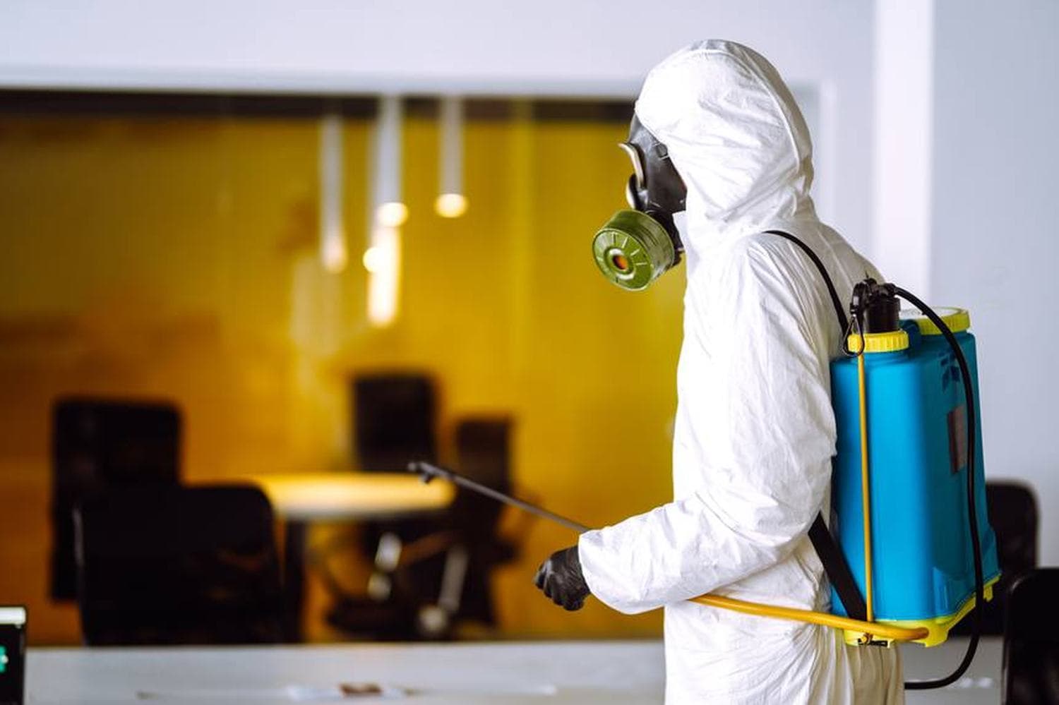 Professional Pest Control Treatment Pest-control operative spraying inside a commercial property